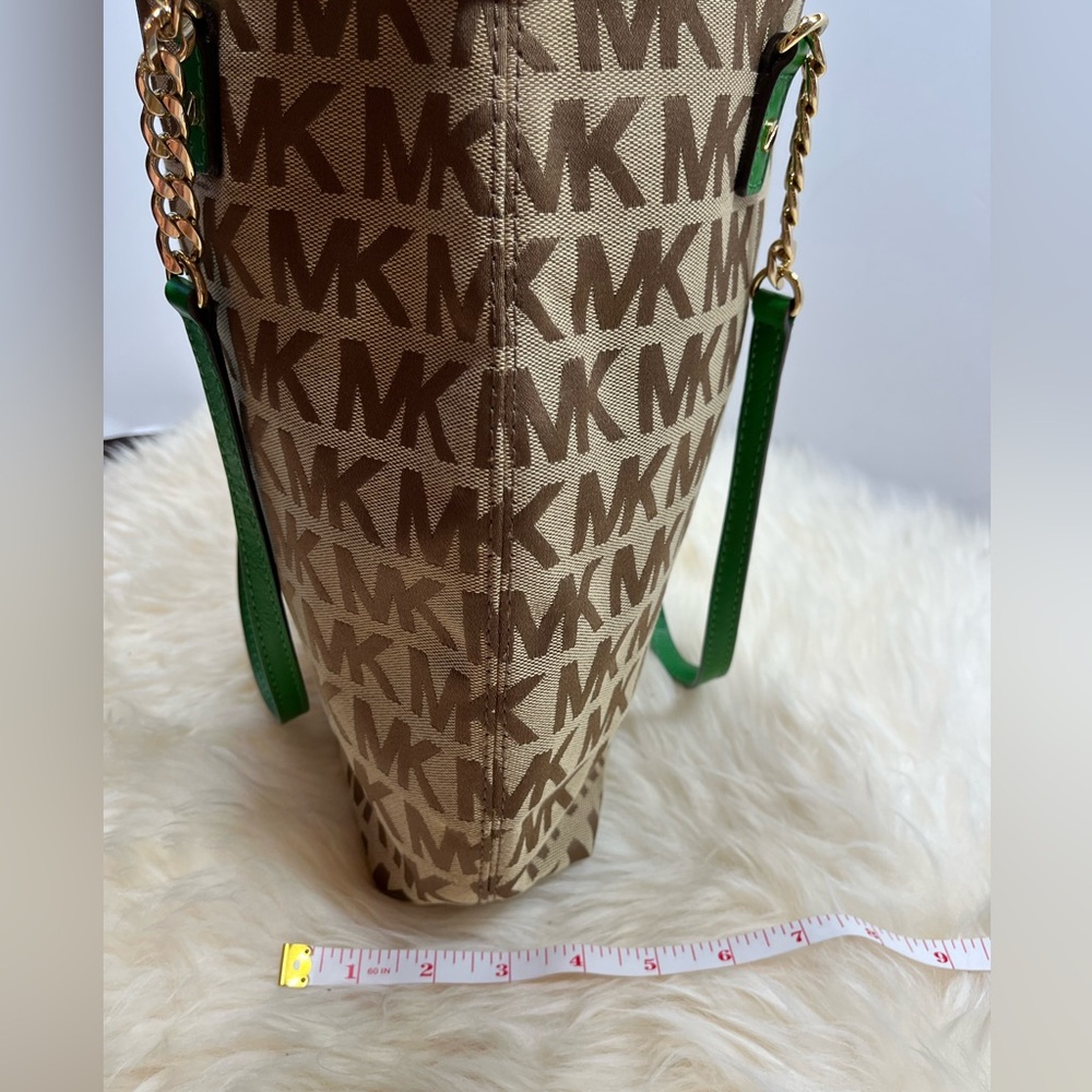 Michael Michael Kors Monogram Canvas Tote Emerald Green Chain and Leather Straps - Picture 13 of 13